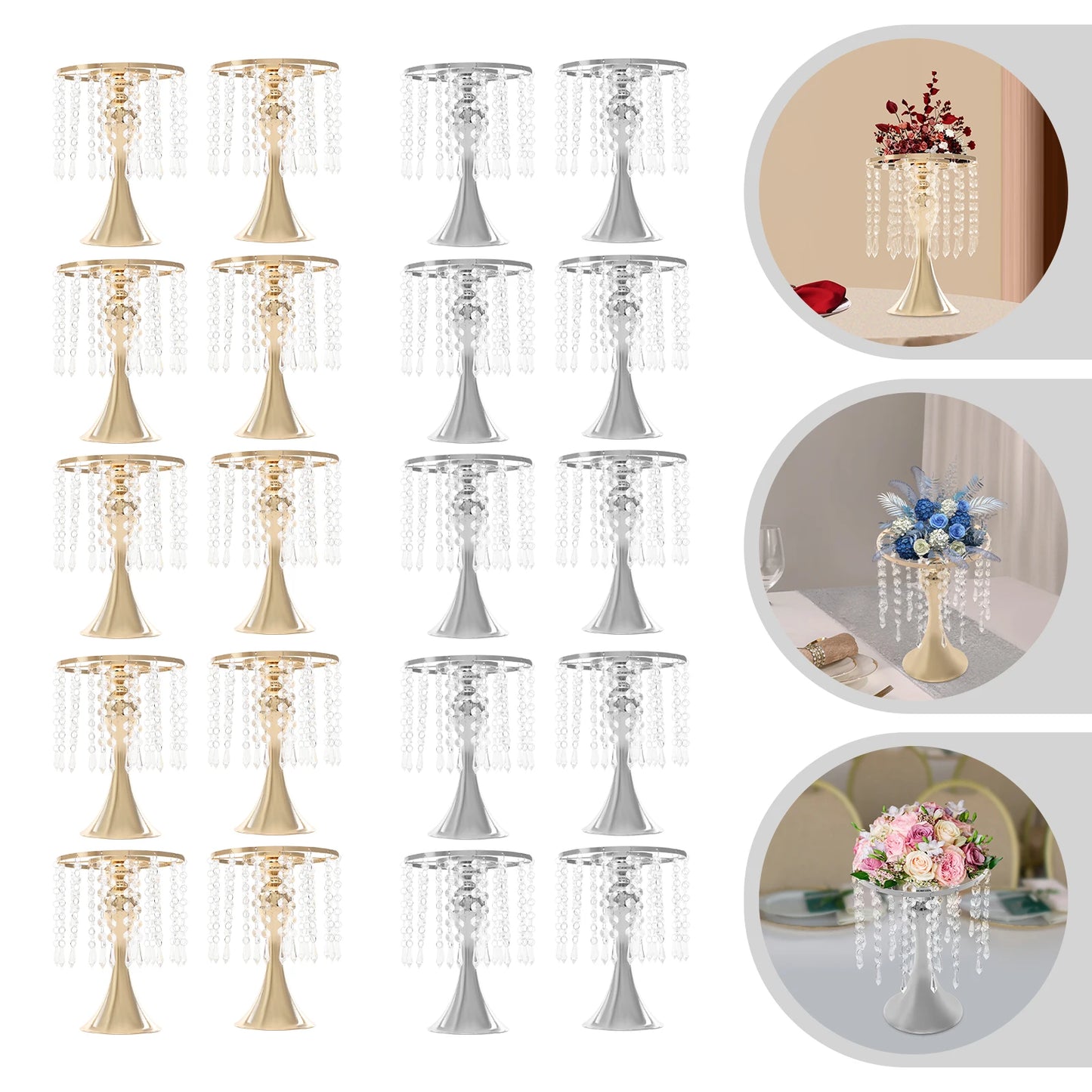 10Pcs Wedding Centerpieces for Tables 26cm Tall Crystal Flower Stand Floral Vases for Gift Baptism Party Decor Gold/Sliver