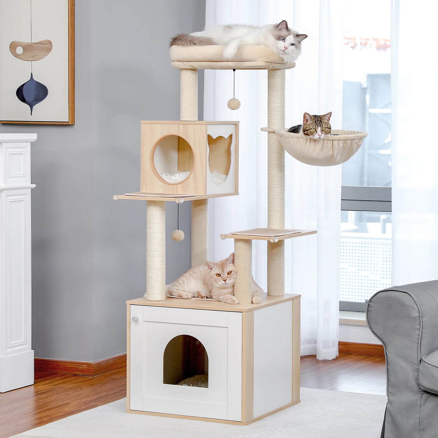 Cat Tree Tower Litter Box Wood Structure Storage with Hammock,Comfy Condo,Anti-Slip Mat,Large Cabinet,Big Platform,Sisal Posts
