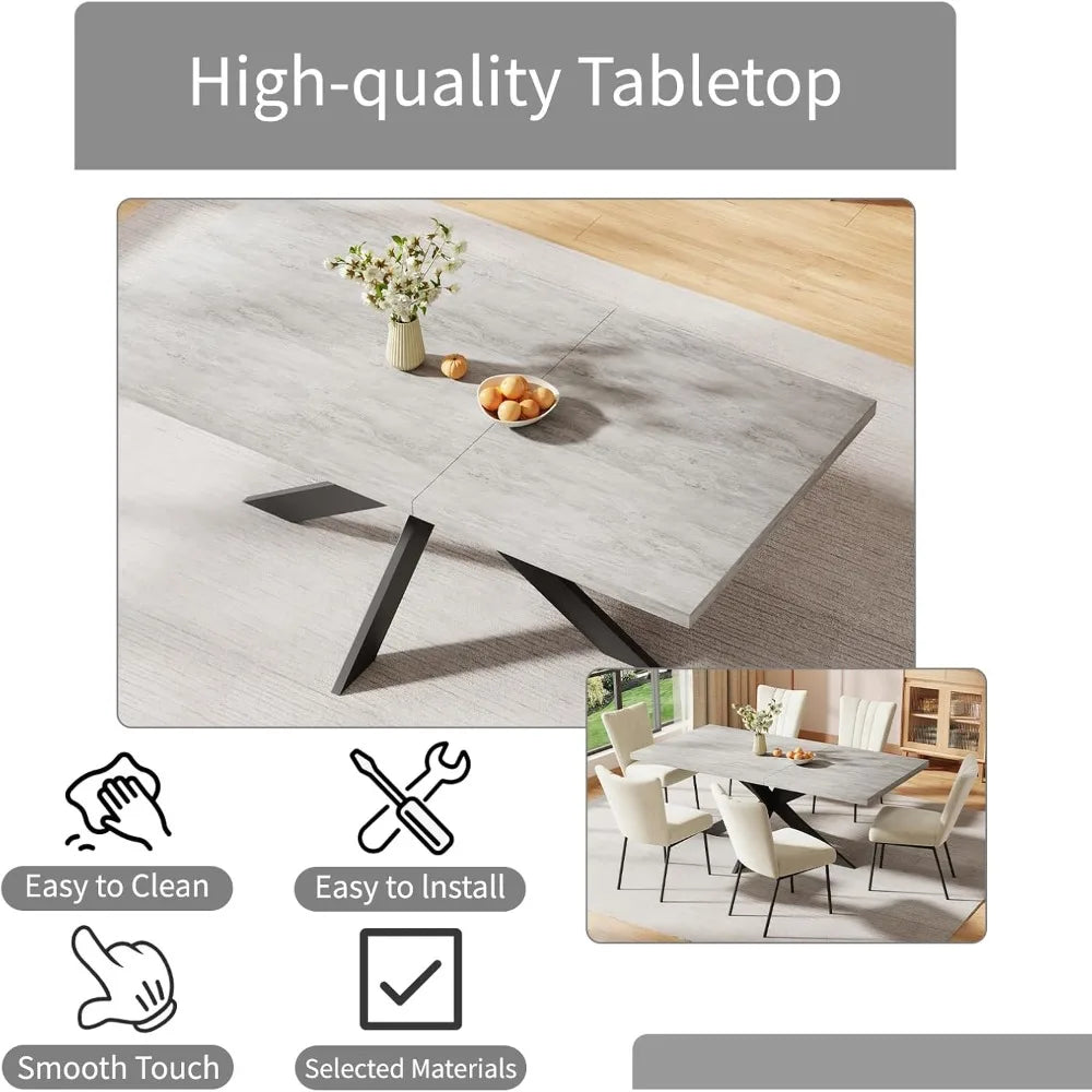 6-Piece Extendable Dining Table Set, Modern 51''–67'' Grey Wood Table with 6 Black Fabric Chairs, Dining Room Table and Chairs