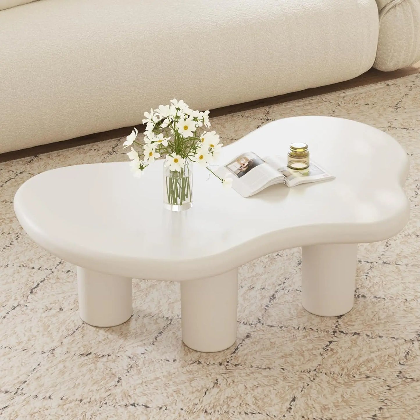 White Cloud Coffee Table, Vintage Coffee Table with 3 Support Legs, Smooth Surface and Round Edge