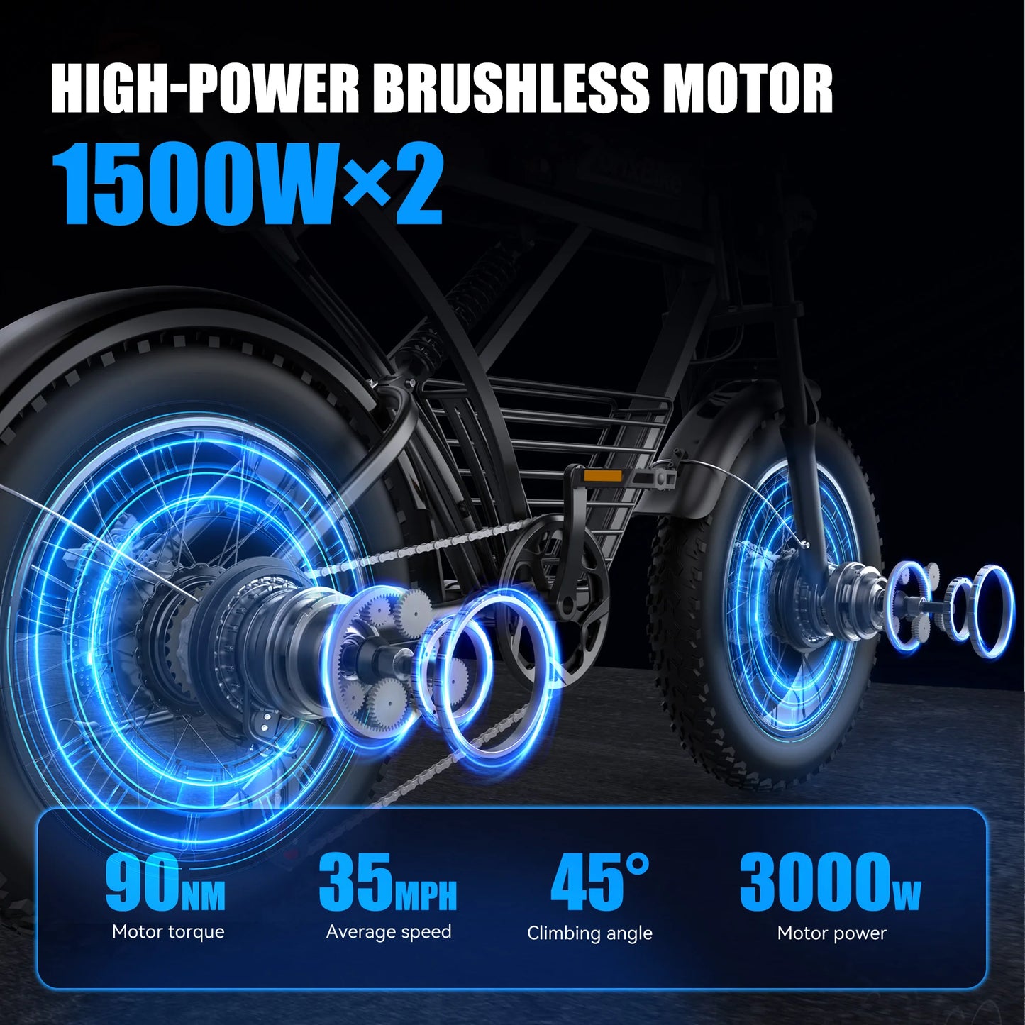 ZorixBike Z6 Pro Electric Bike for Adults 3000W 48V 23AH Max 80Miles Electric Motorcycle 20" Fat Tire Bike Shamano 7-Speed EBike