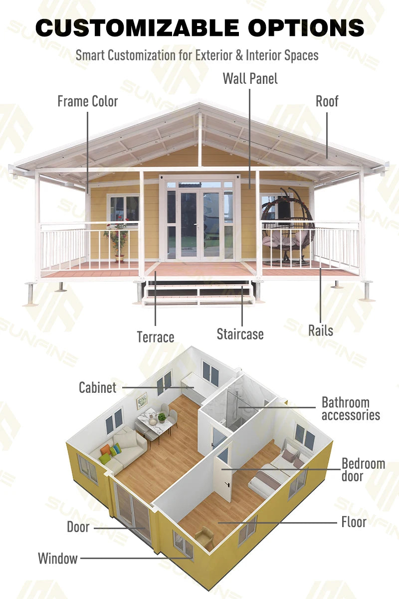 Mobile Prefabricated Prefab Tiny House Modular Home Portable Two Bedroom 20Ft Container Expandable House With Triangular Roof