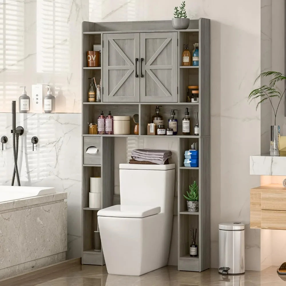 Farmhouse Storage Cabinet Over Toilet with Barn Doors，Over The Toilet Storage Cabinet, Home Space-Saving Toilet Rack
