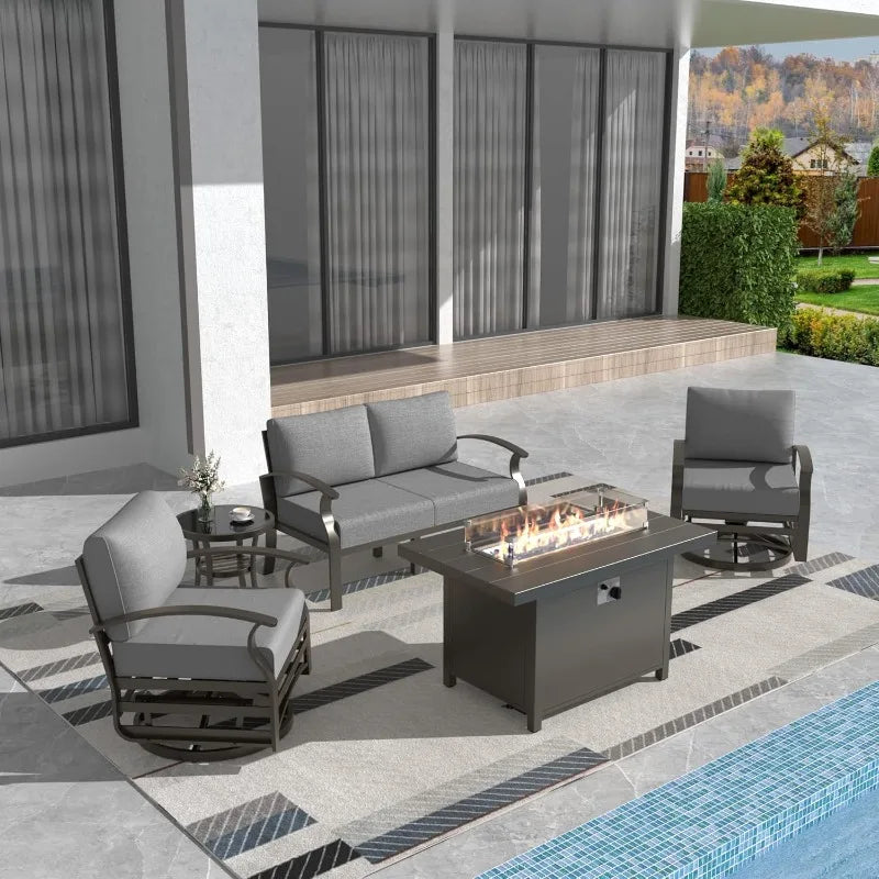 Aluminum Patio Furniture Set 4-Seat Modern Metal Outdoor Conversation Sets w/45in Propane Fire Pit Table, Loveseat Sofa
