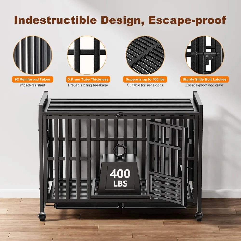 42 inch heavy duty dog crate, upgraded thickened steel frame indestructible kennel for large & high anxiety dogs, escape proof d