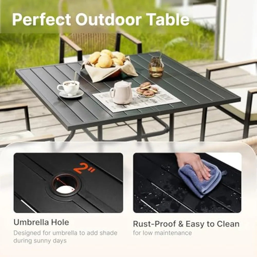 Outdoor Patio Dining Set, 5 Pieces Rattan Patio Table and Chairs Set with Cushion and Umbrella Hole, Wicker Outdoor Patio