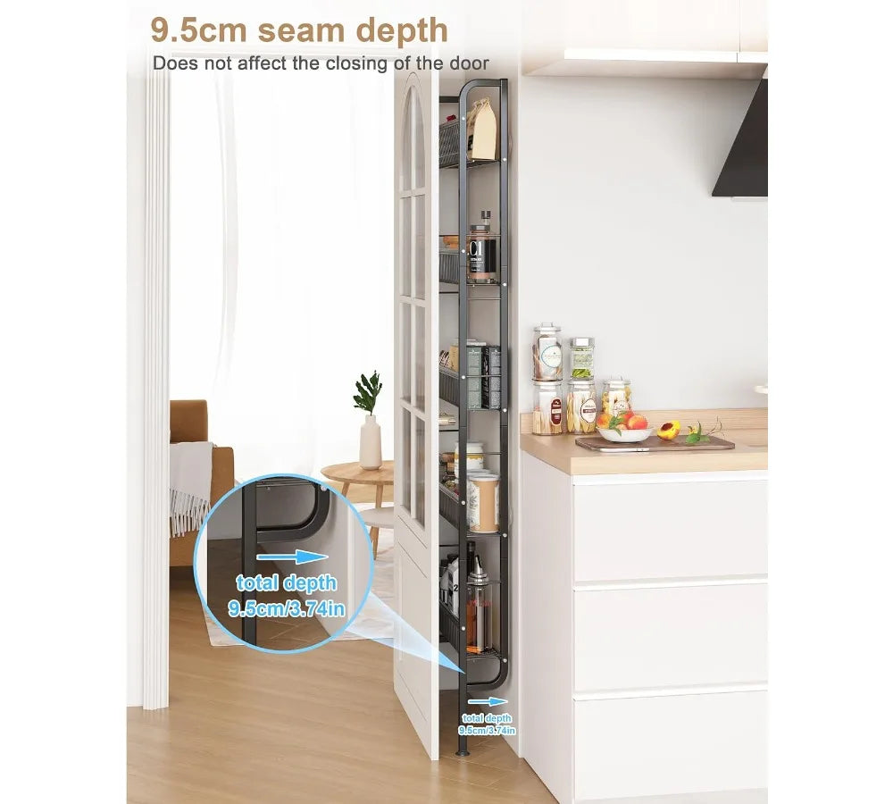 5-Tier Slim Over-The-Door Storage Shelf, Space-Saving Narrow Rack for Bathroom Kitchen Organization Black