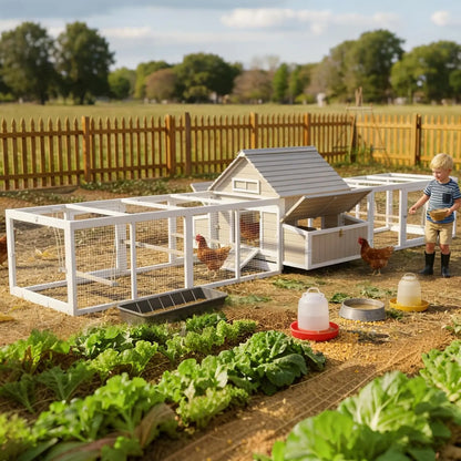 Extra Large Chicken Coop with 2 Runs for 8–10 Chickens Outdoor Wooden Hen House Poultry Cage with 6 Nesting Boxes, Dual Ramp Doo