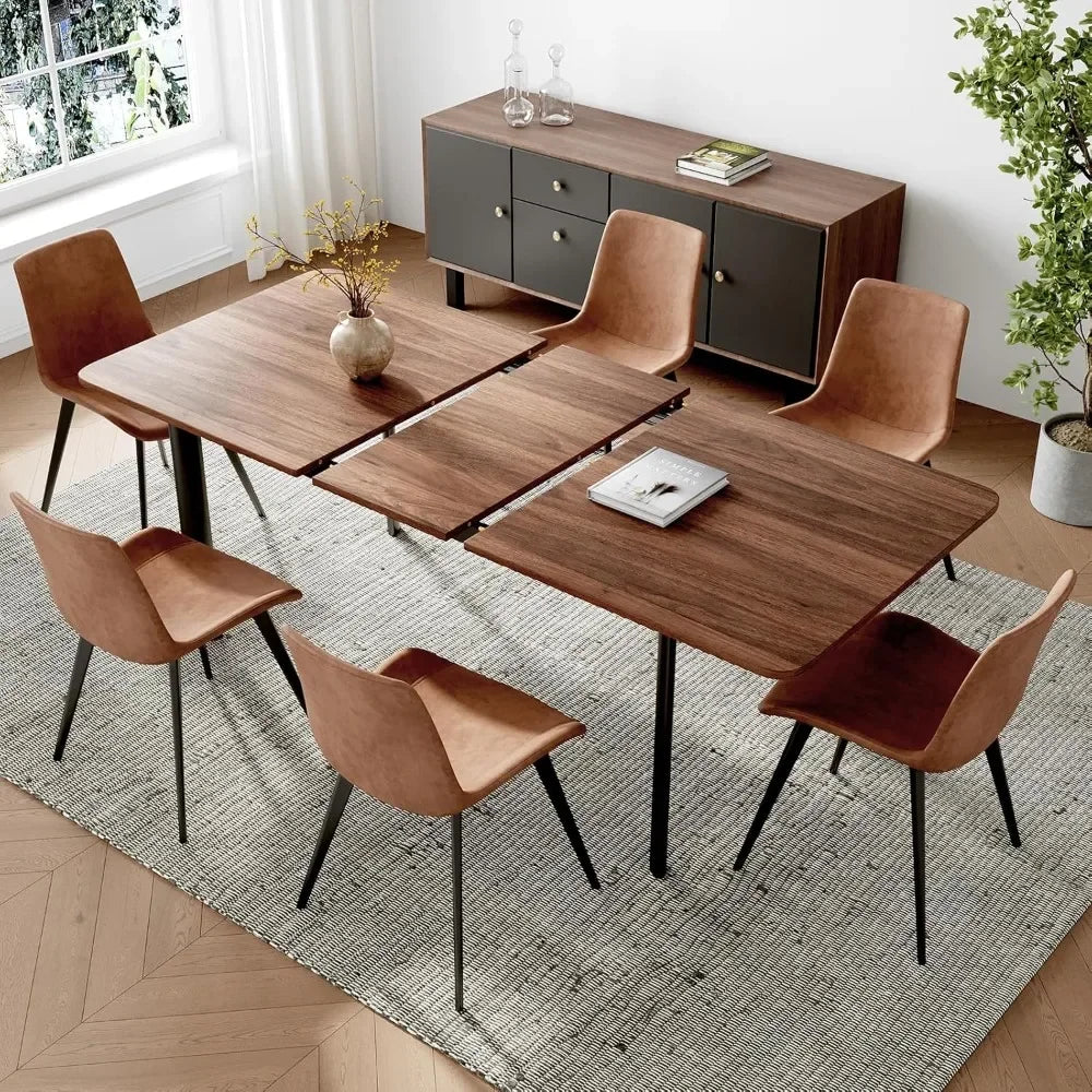 63"- 78.7" Extendable Dining Table Set for 6, Modern Kitchen Table with 6 Dining Chairs, Thickened Expandable Wooden Table