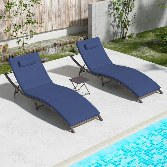 Outdoor 3-Piece Rattan Chaise Lounge Set with Folding Pool Chairs and Table for Patio