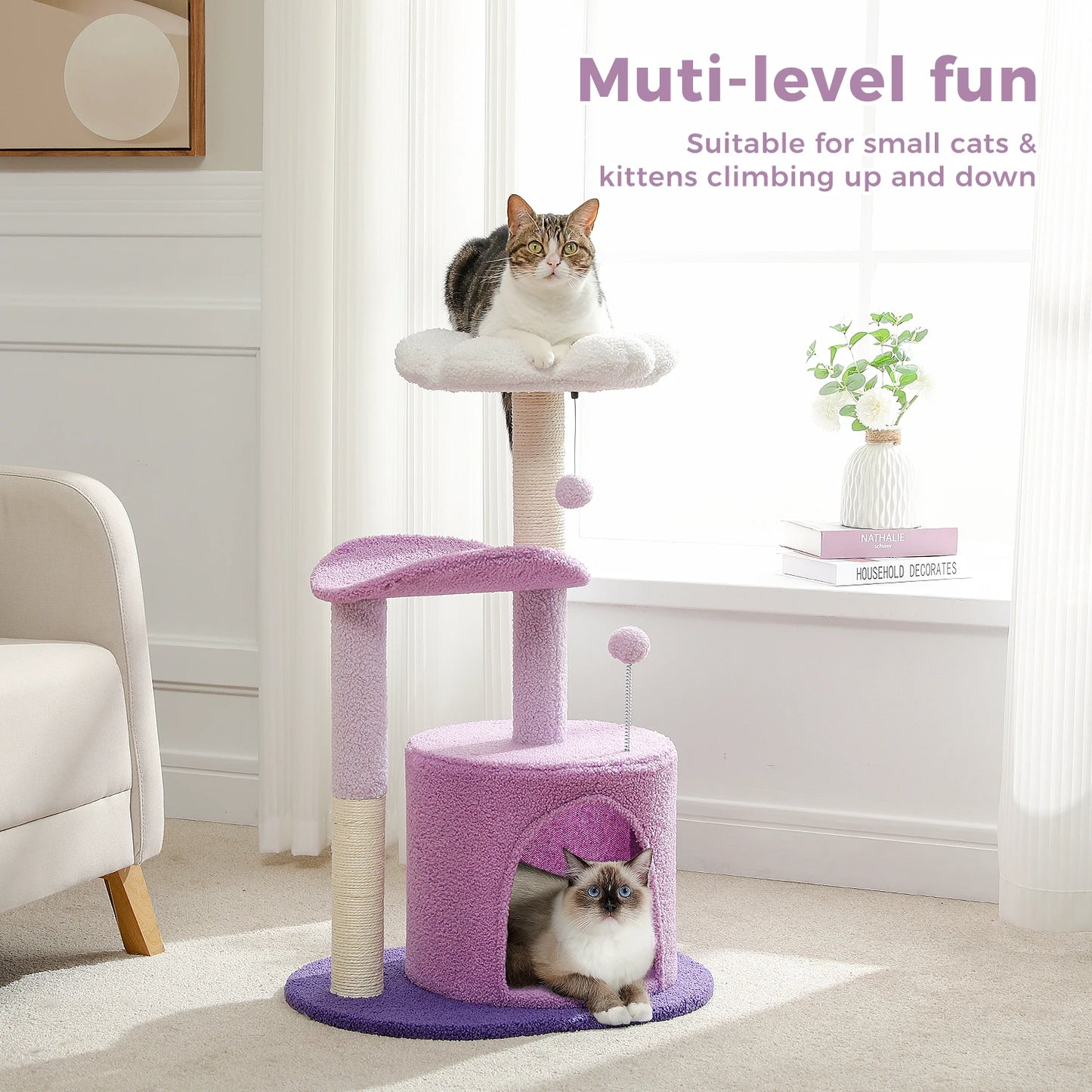 Flower Cat Tree for Indoor Cats, Small Cat Tower with Sisal Scratching Post, Soft Condo, Plush Perches, Fluffy Balls, Cat Toys