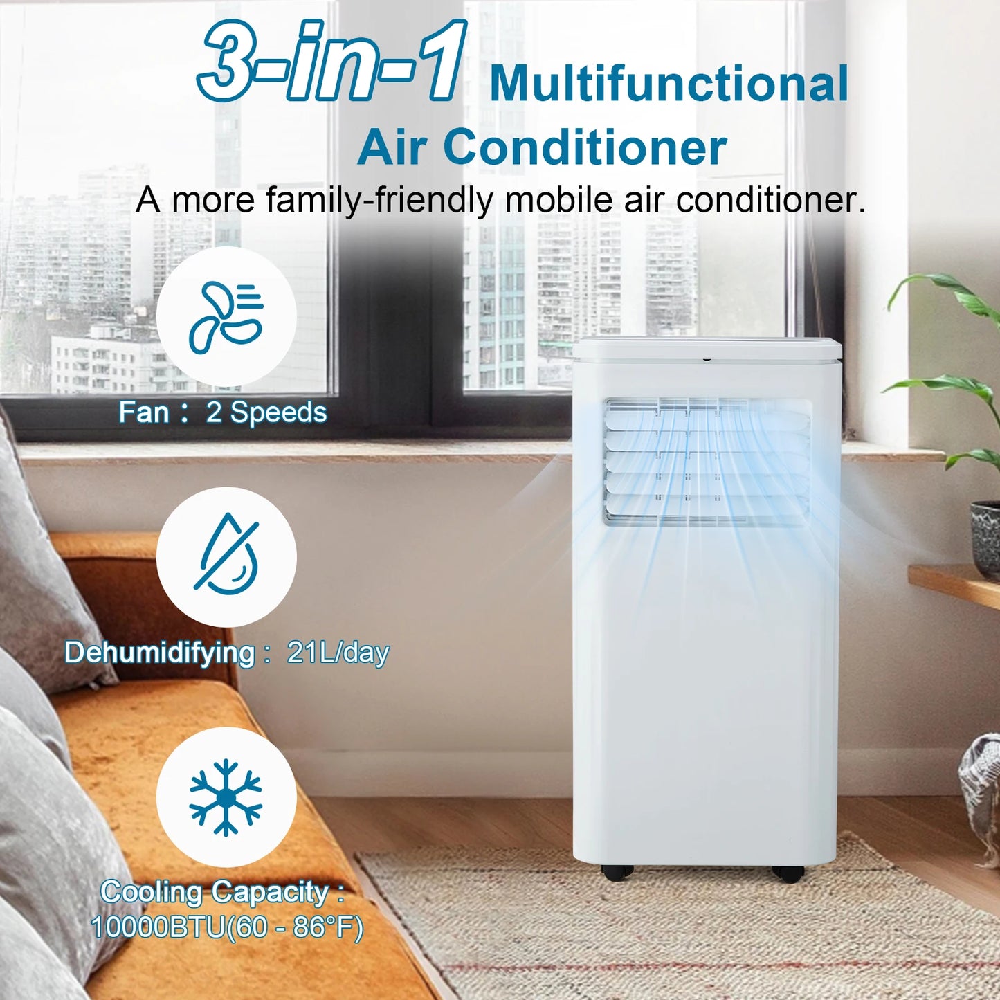 10000 BTU Portable Air Conditioners 3 in 1 Portable AC Unit with Fan & Dehumidifier Remote Control LCD Display, 24H Timer