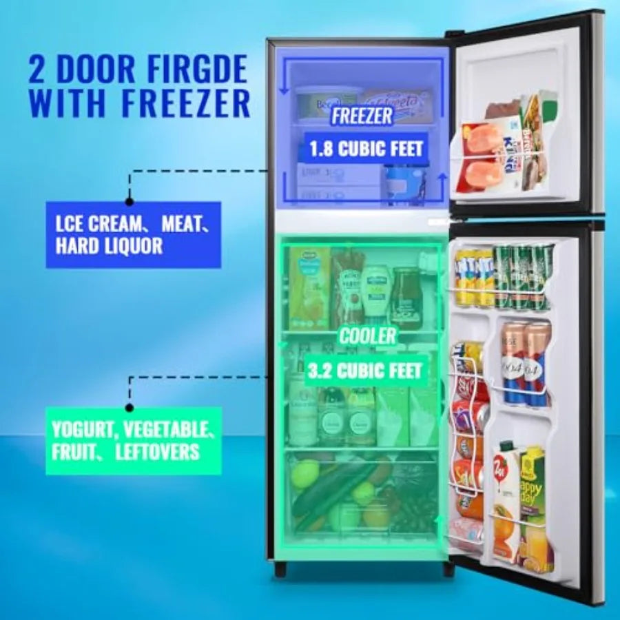 5.0 Cu.ft Mini Fridge Small Refrigerator with Drink Holder Double Door Refrigerator Adjustable Glass Shelves for Home Apartment
