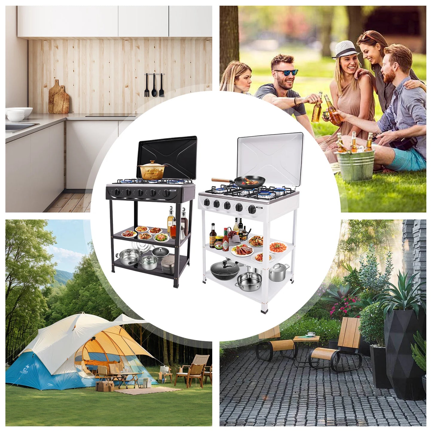 5 Burner Gas Stove for Outdoor Camping with 2 Tier Storage Rack Ideal for Cooking and BBQ