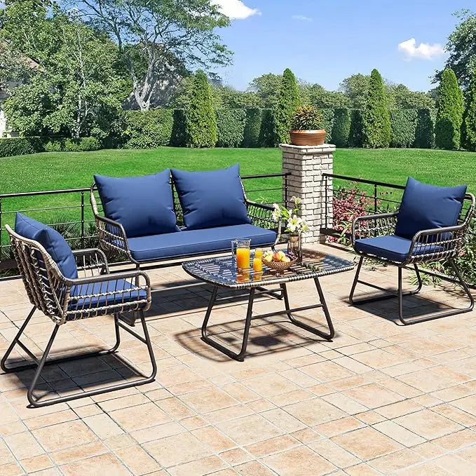 4-Piece Patio Furniture Wicker Outdoor Bistro Set, All-Weather Rattan Conversation Loveseat Chairs For Backyard, Balcony And De