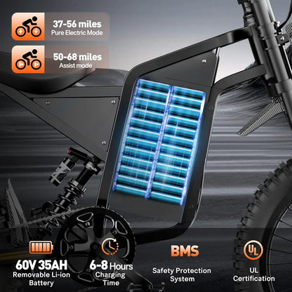BOPZIN Q8 Electric Bicycle 3000W 60V 35AH Long Range Dirt Mountain E-Bike Big Power Locomotive Tire Electric Bikes for Adults