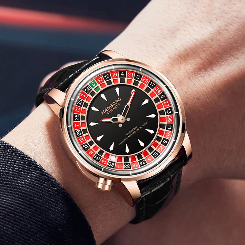 Fully automatic mechanical watch with Casino Roulette Rotating Disk Dialleather stra from local warehouse in the US