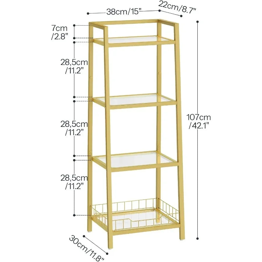 Floor Standing Gold Glass Shelf 4-Tier - Waterproof Rack for Bathroom & Decor Organization