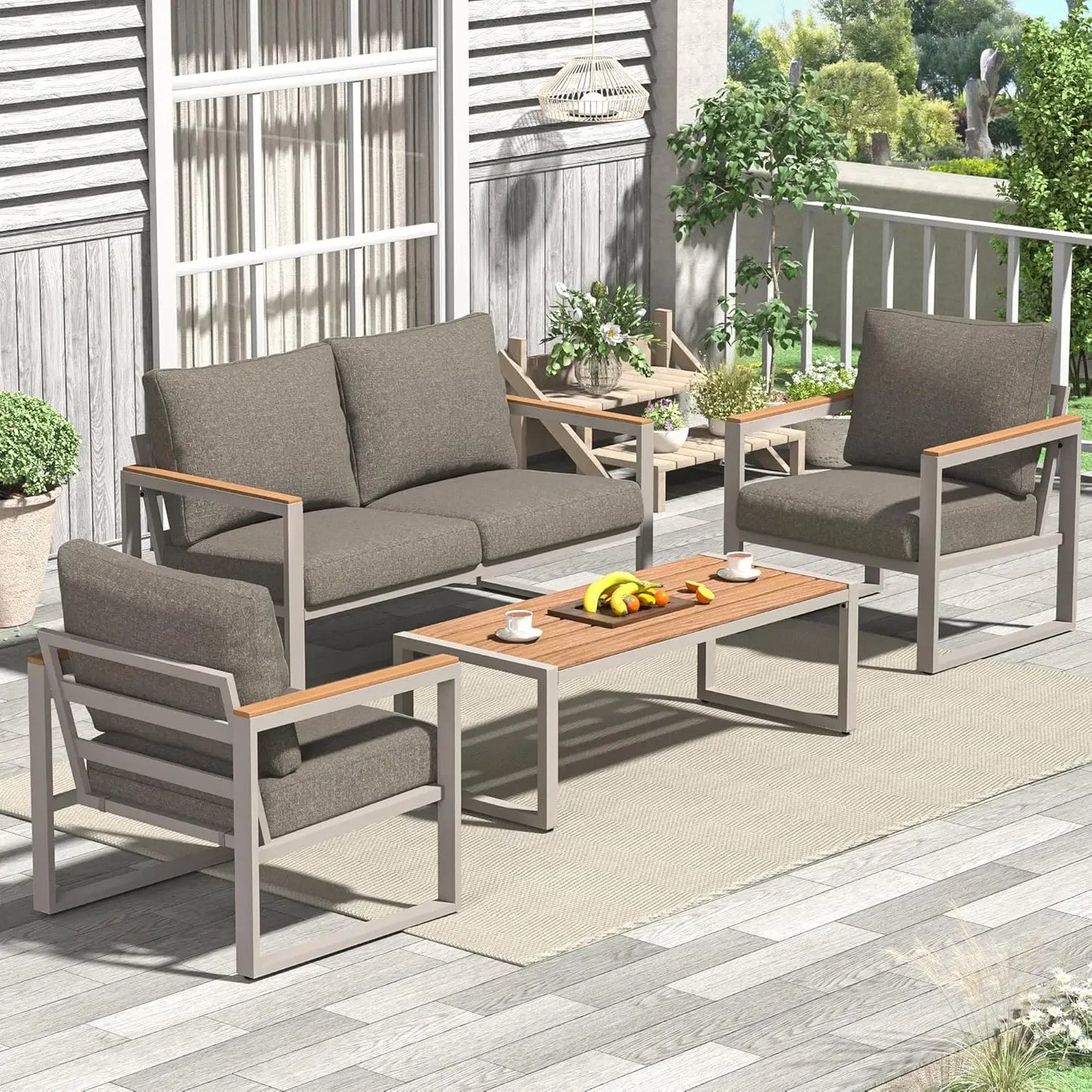4-Piece Metal Patio Set with Coffee Table & Washable Cushions, Outdoor Conversation Furniture