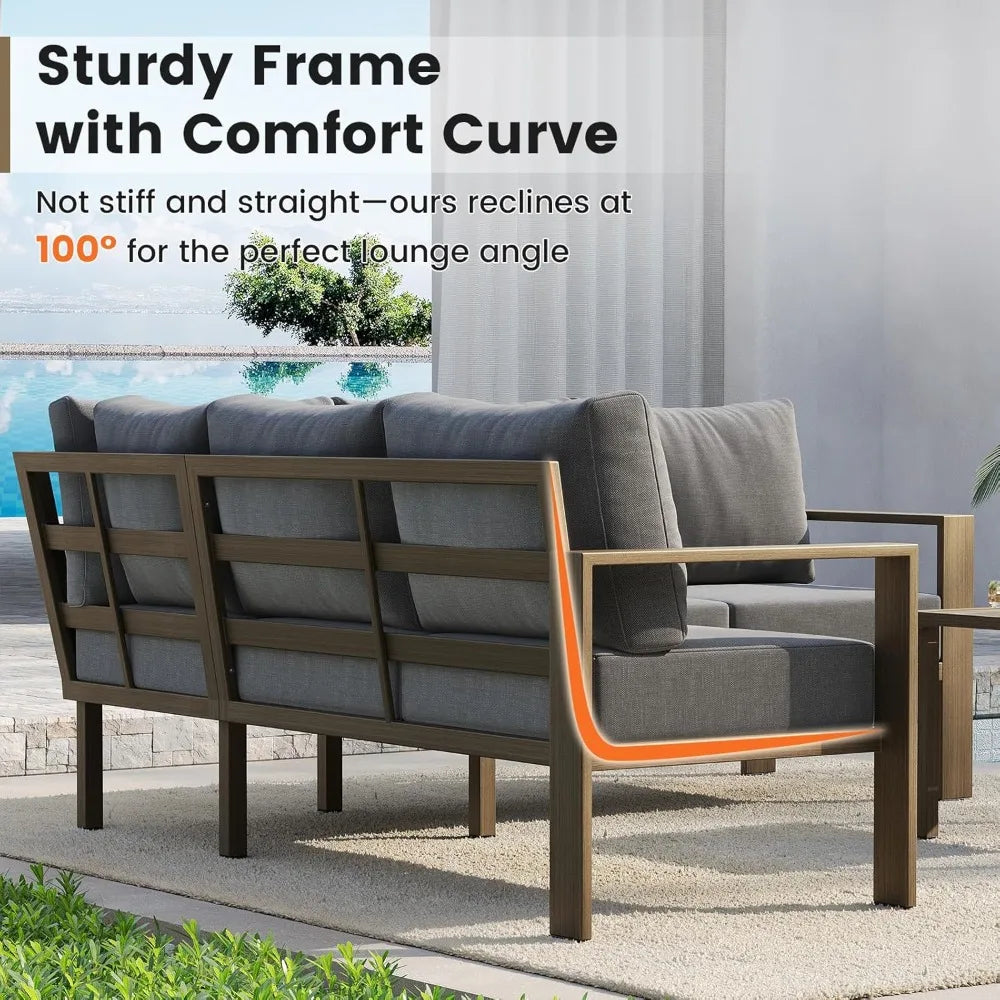 6 Piece Patio Furniture Set, Faux Wood Metal Outdoor Sectional Sofa with 6" Thick Olefin Cushions, Wide Armrest & Coffee Table