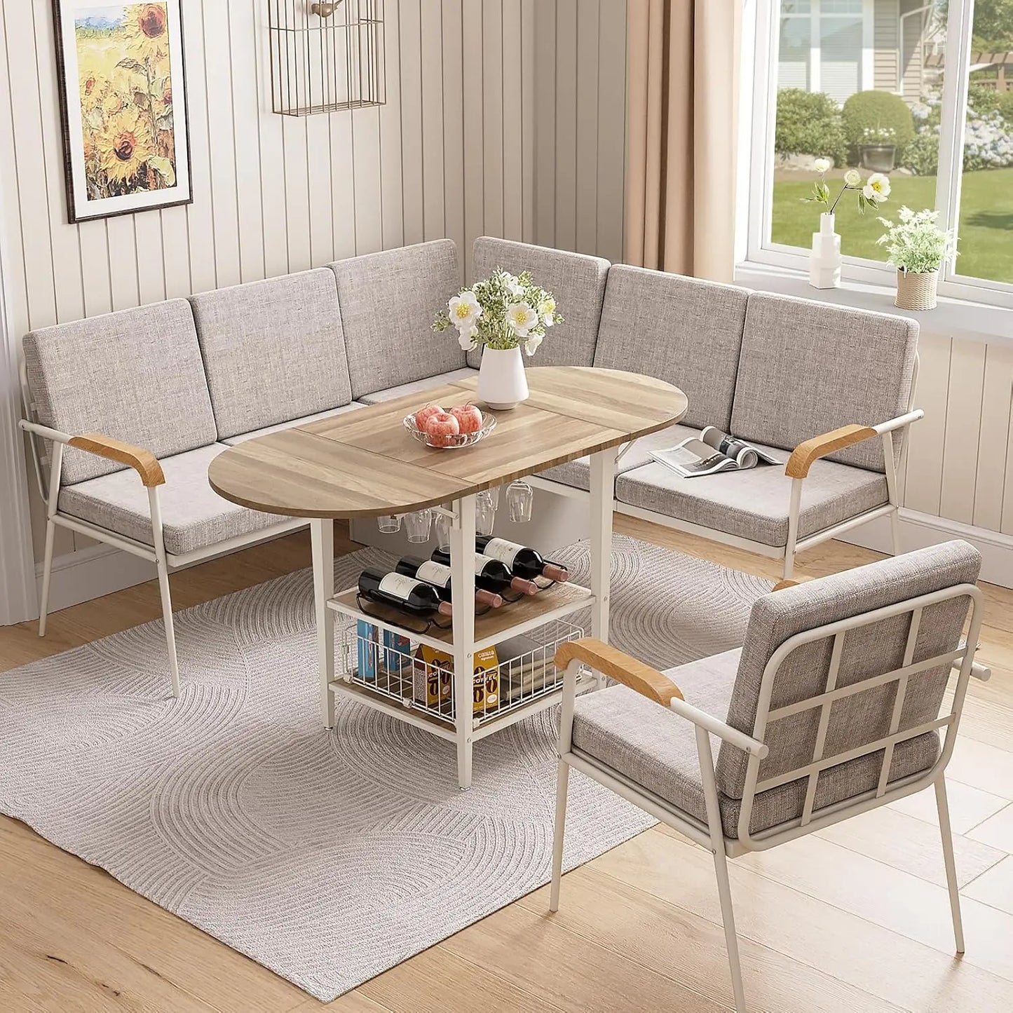 farmhouse-style 47" round dining table set for 4-6 with 4 chairs and storage rack, rustic wood design