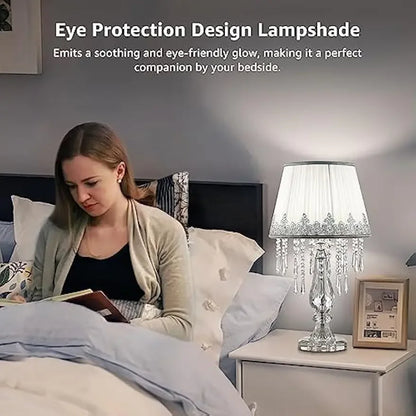 Modern Bedside Crystal Table Lamp with Ruched Fabric Lampshade Elegant Plug-in Crystal Chandelier Nightstand Room Decor