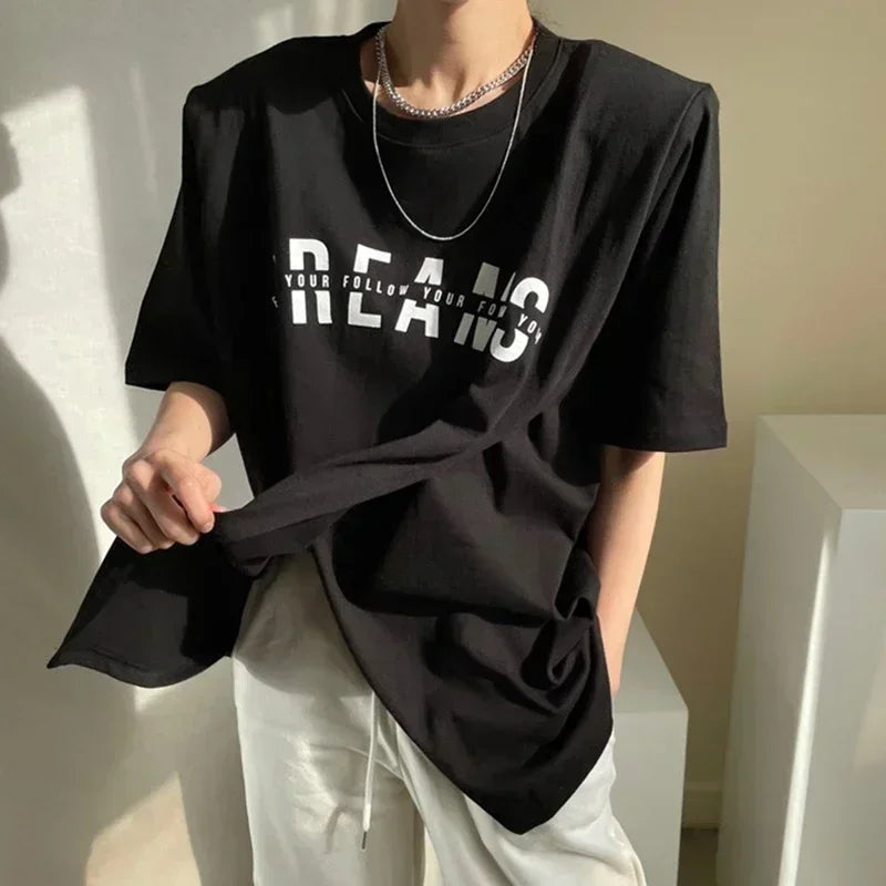 Korean Chic Versatile Niche Round Neck Loose Pullover Letter Print Asymmetrical Slit Design Short-Sleeved T-Shirt for Women