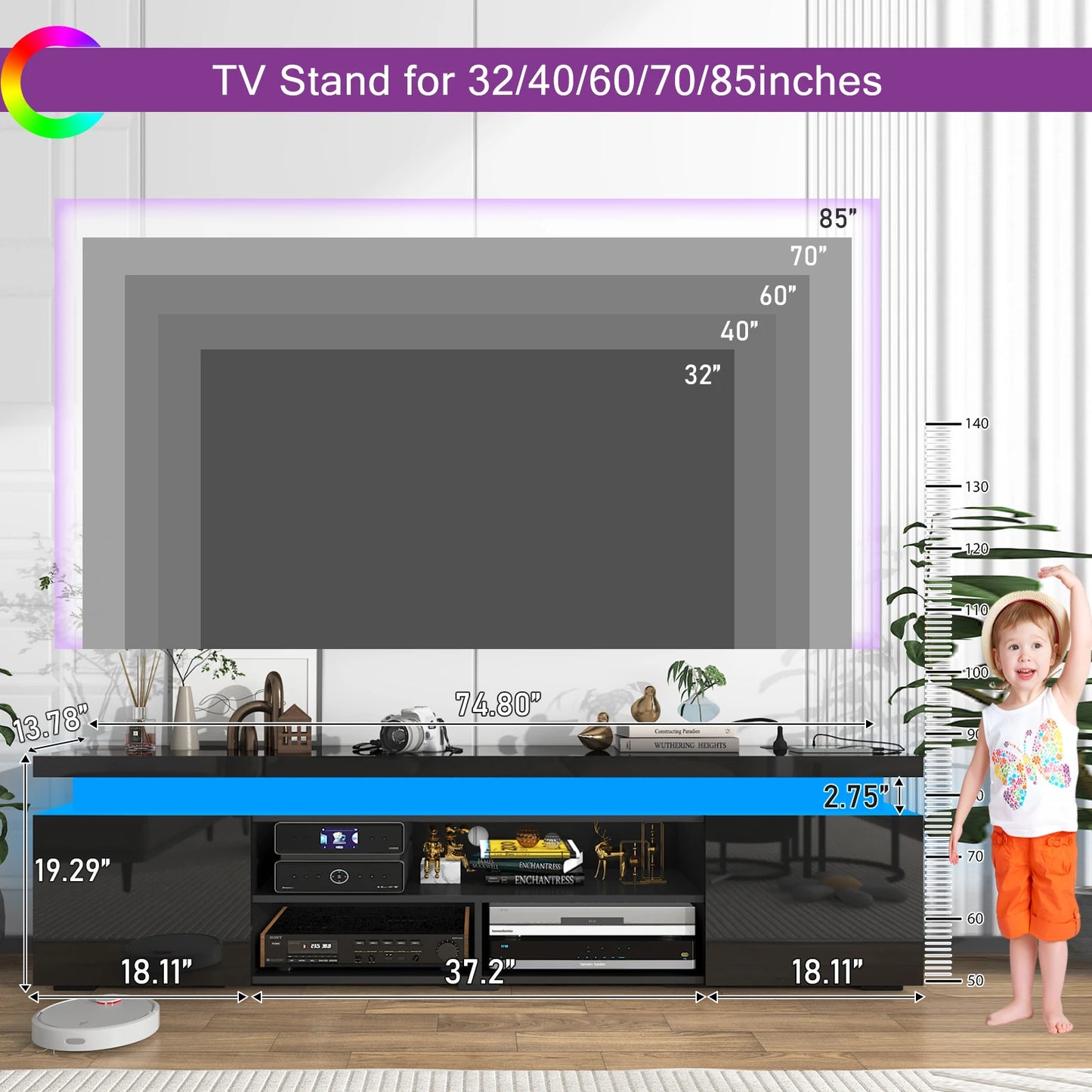 74'' LED TV Stand for Televisions up to 65'' Modern TV Cabinet with Power Outlet, High Gloss Entertainment Center with Storage