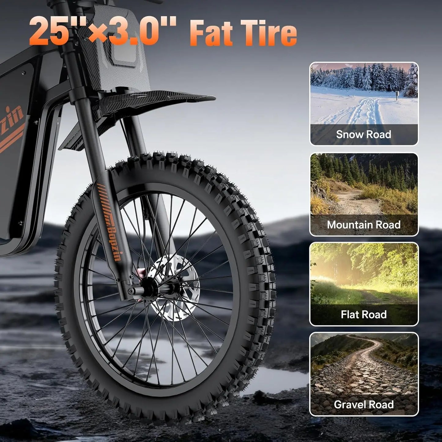 BOPZIN Q8 Electric Bicycle 3000W 60V 35AH Long Range Dirt Mountain E-Bike Big Power Locomotive Tire Electric Bikes for Adults
