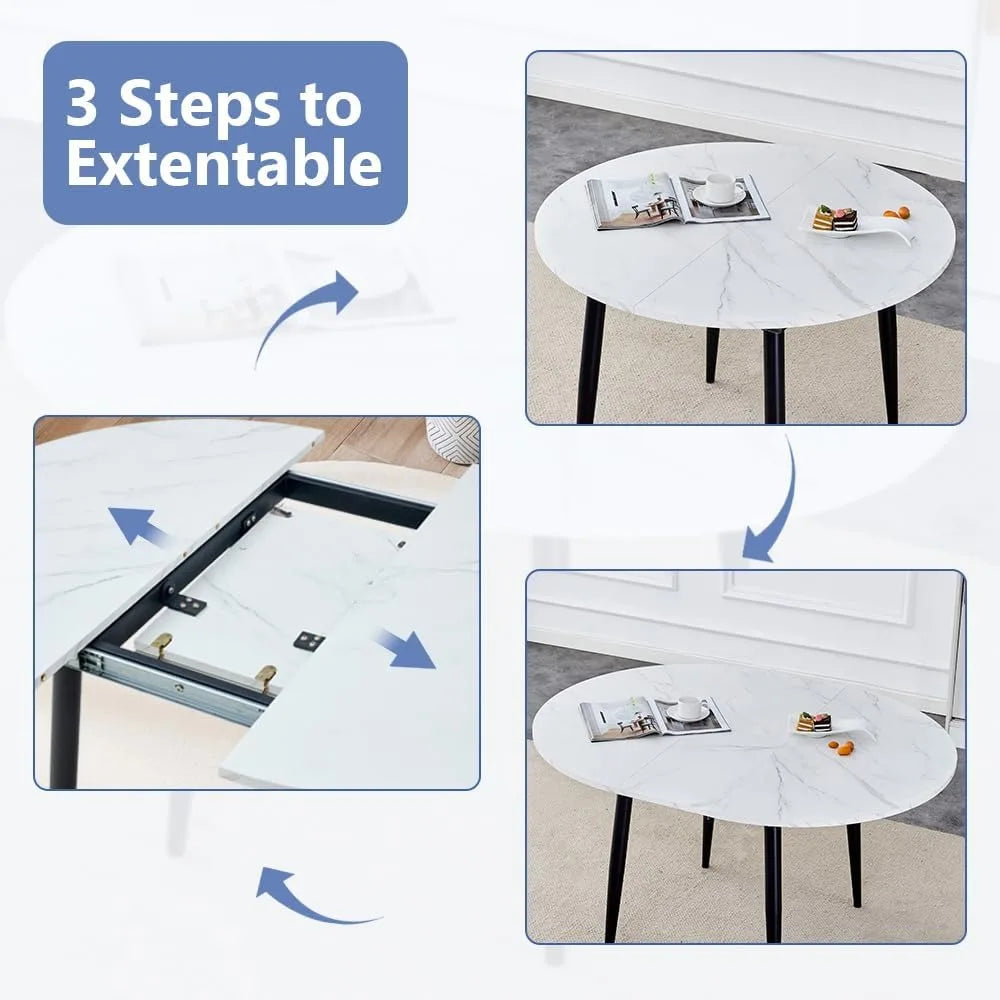 42"-54" Extendable Dining Room Table Set for 6, Round Dining Table Set for 6, White Kitchen Table with Upholstered Chairs