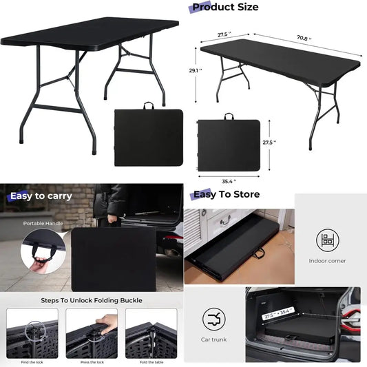Folding Table 6ft Portable Heavy Duty Plastic Fold-in-Half 6 Foot Foldable Table Utility Dining Indoor Outdoor with Carrying Han