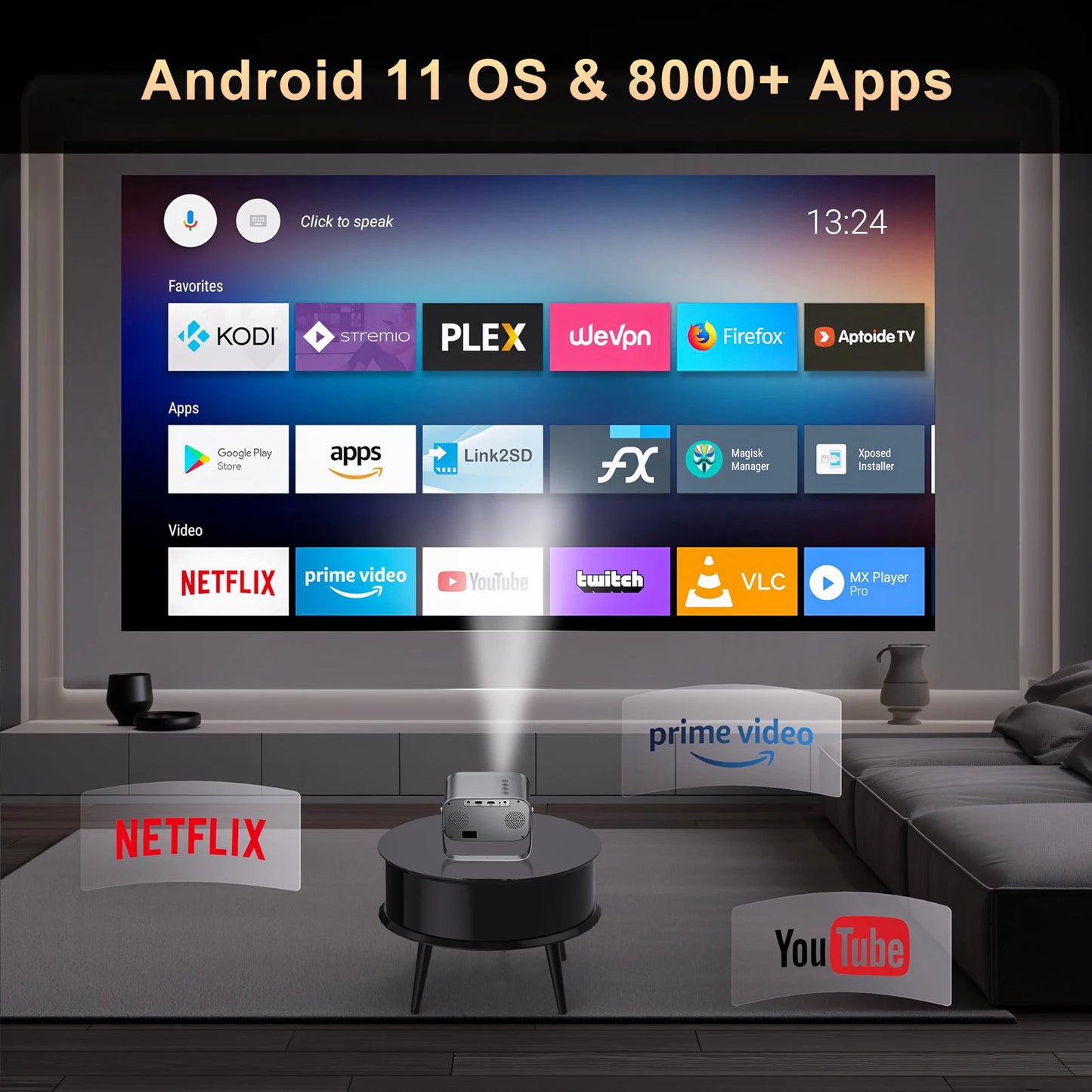 Salange Mini Projector P28B Home Theater Android 11 BT5.2 WIFI Free-Style Placement Projection Support Smartphone Same Screen