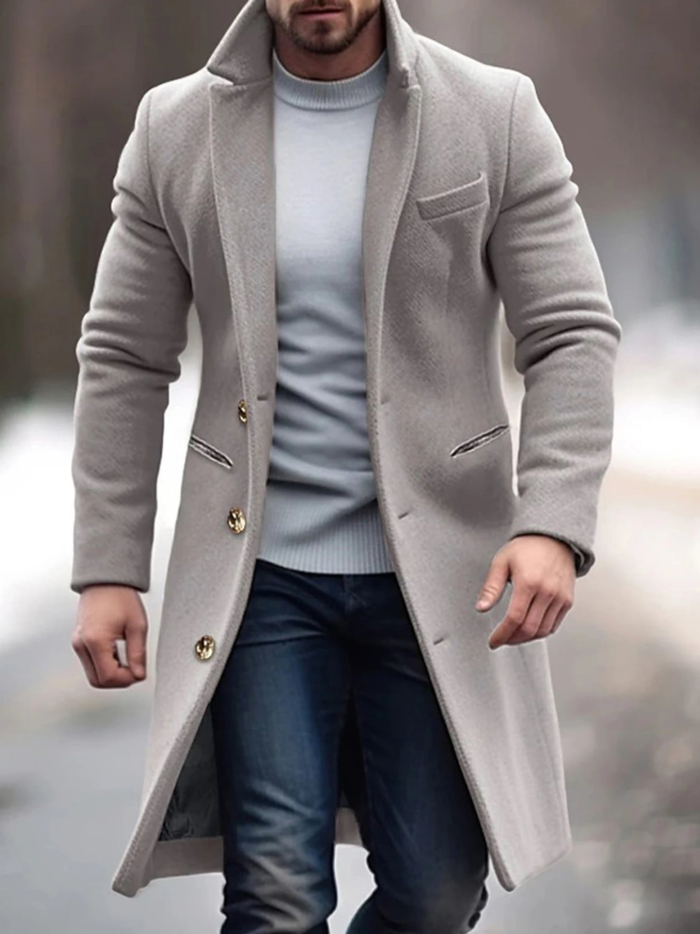 Men s Classic Wool Blend Pea Coat with Notched Lapel and Button Closure for Stylish Winter Outerwear and Streetwear Fashion