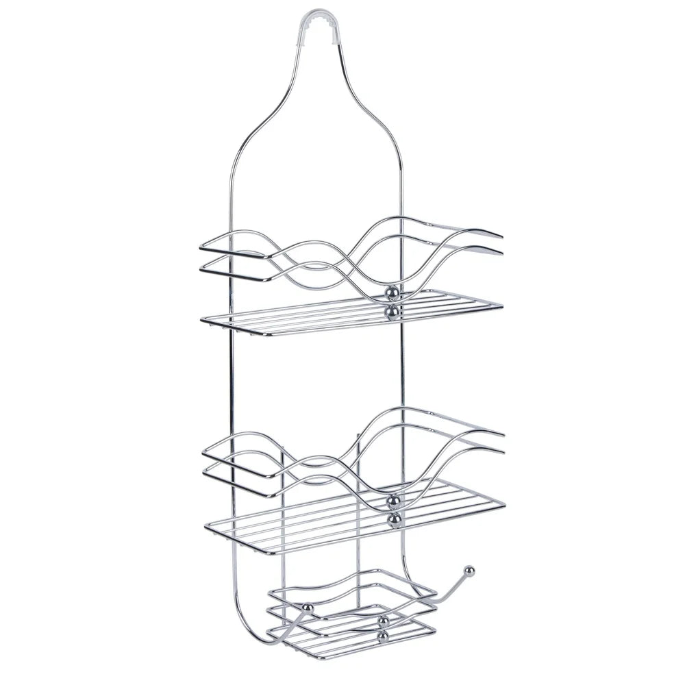 2 Tier Metal Shower Caddy with Hooks Durable Rust Resistant Chrome Finish Hanging Organizer Bathroom Storage