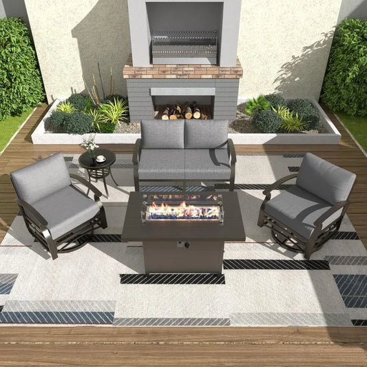 Aluminum Patio Furniture Set 4-Seat Modern Metal Outdoor Conversation Sets w/45in Propane Fire Pit Table, Loveseat Sofa