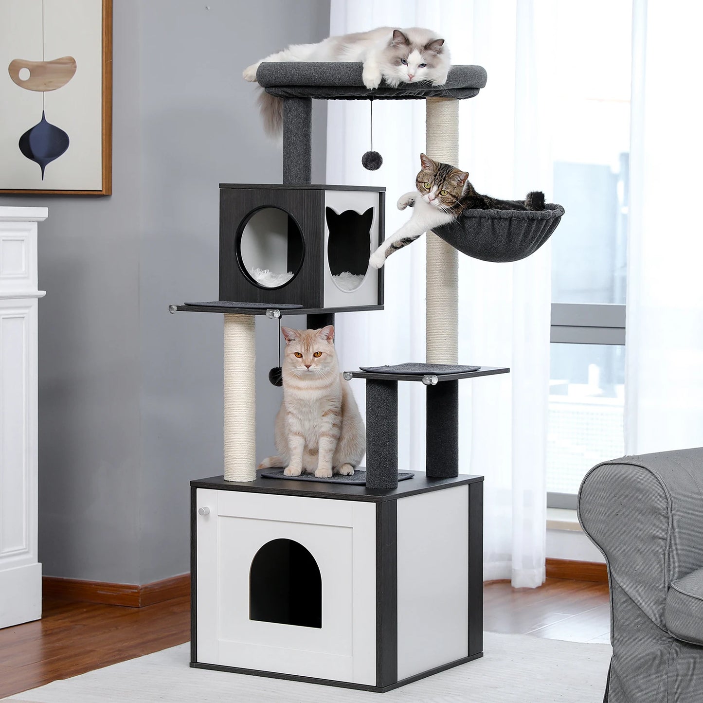 Cat Tree Tower Litter Box Wood Structure Storage with Hammock,Comfy Condo,Anti-Slip Mat,Large Cabinet,Big Platform,Sisal Posts