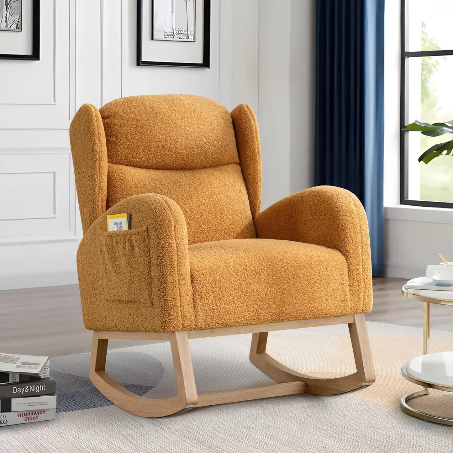 Rocking Glider Chair for Nursery, Wingback Accent Rocker Chair Upholstered Tall Back Arm Chair w/Side Pockets, Modern Leisure