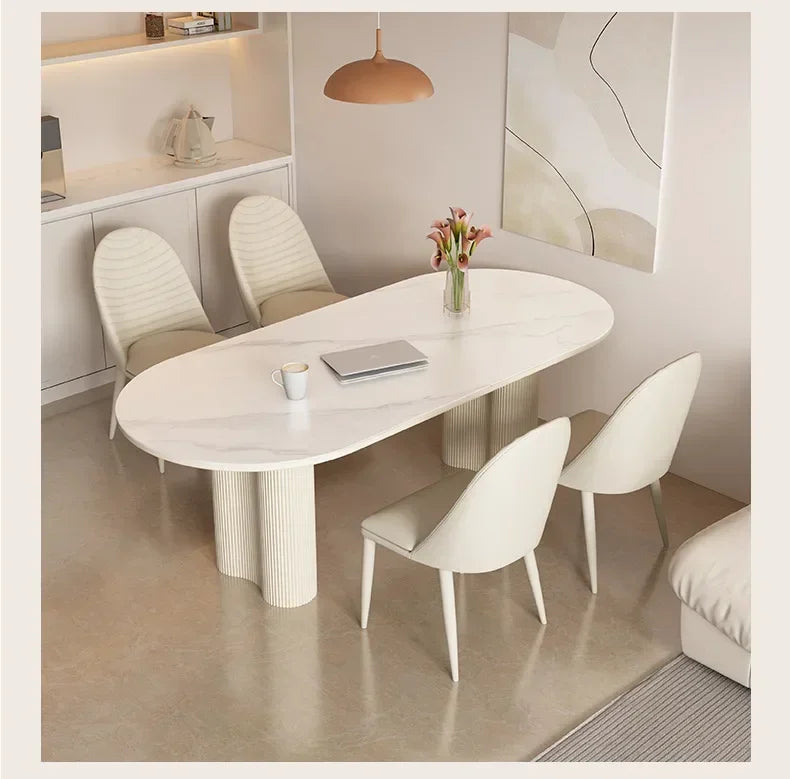 Nordic Minimalist Cream White Oval Sintered Stone Dining Table Set 6 Chairs Marble Restaurant Table Chair Dining Room Furniture