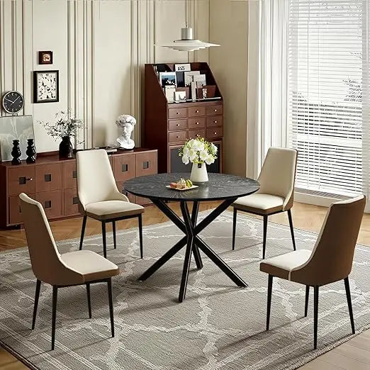 farmhouse-style 47" round dining table set for 4-6 with 4 chairs and storage rack, rustic wood design