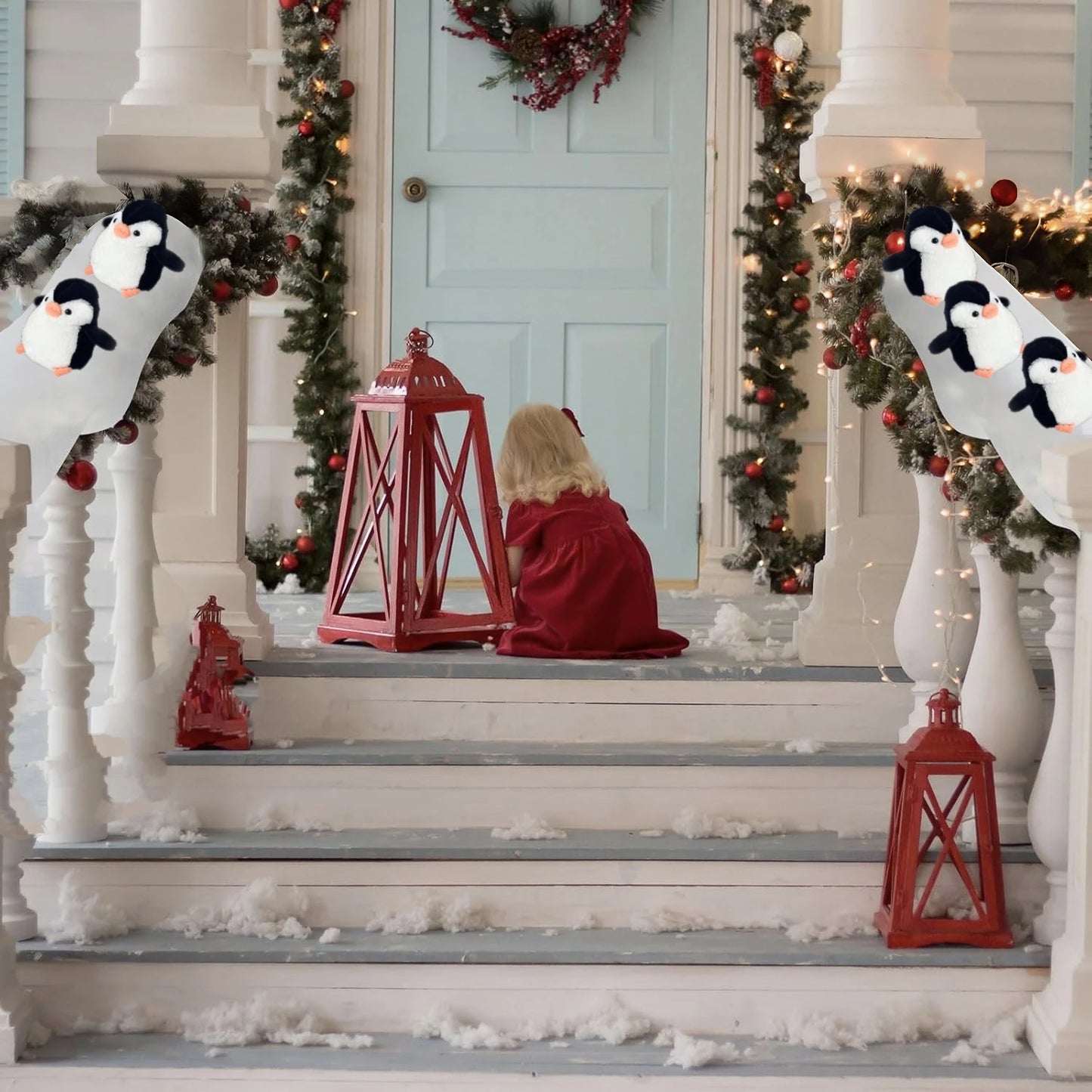 1set Christmas Stair Decoration Fake Snow Cotton Carpet with Sliding Penguins DIY Staircase Decors for Indoor Xmas Tree Banister