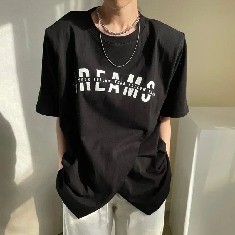 Korean Chic Versatile Niche Round Neck Loose Pullover Letter Print Asymmetrical Slit Design Short-Sleeved T-Shirt for Women