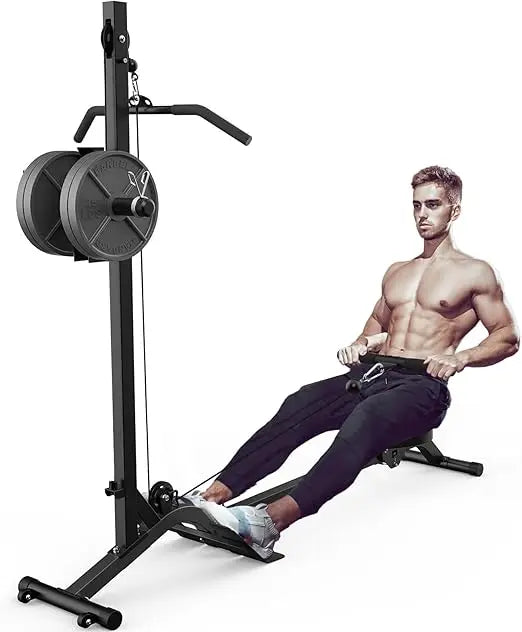 Dual-Function Folding Rowing Machine with Adjustable Lat Pulldown and Low Row Cable Exercise Equipment