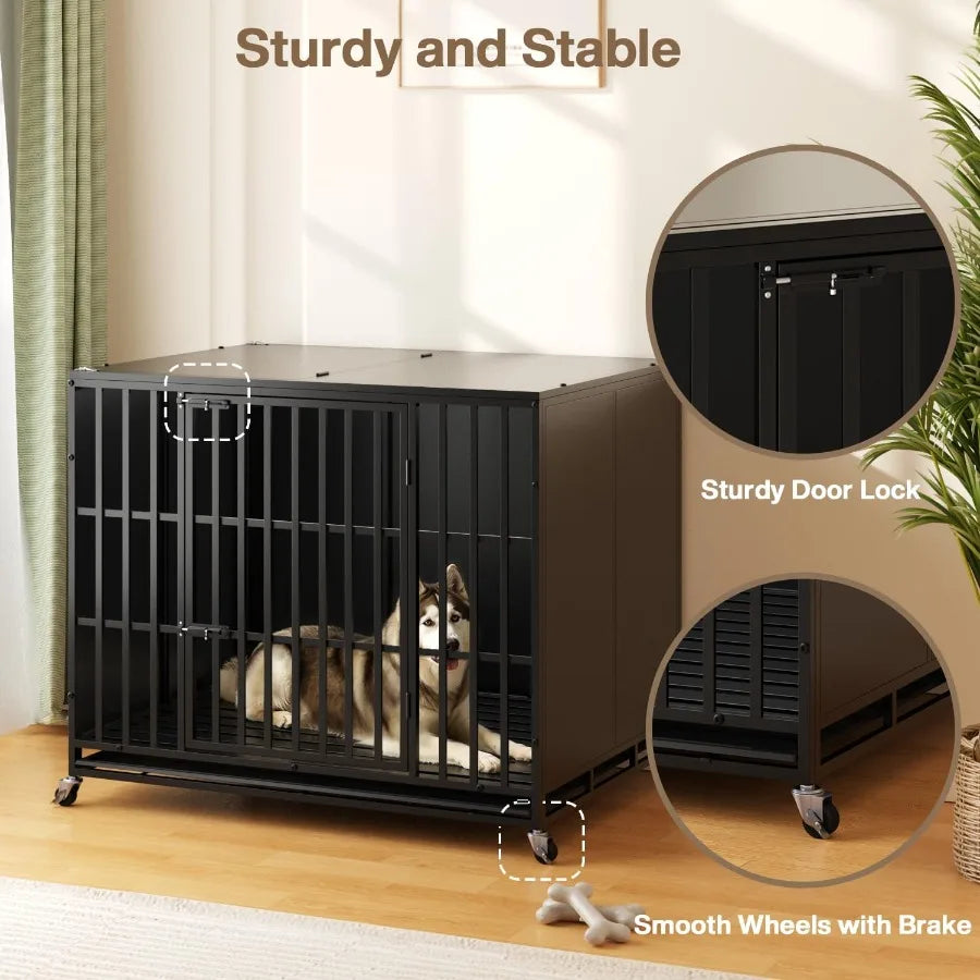48/42 inch Heavy Duty Indestructible Dog Crate for Large Dogs with High Anxiety Extra Large Steel Escape Proof Dog Kennel Featu