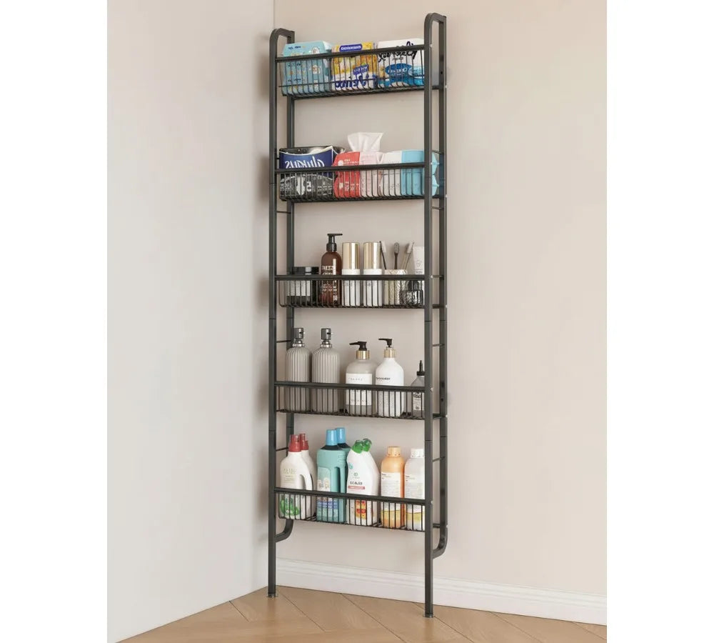 5-Tier Slim Over-The-Door Storage Shelf, Space-Saving Narrow Rack for Bathroom Kitchen Organization Black
