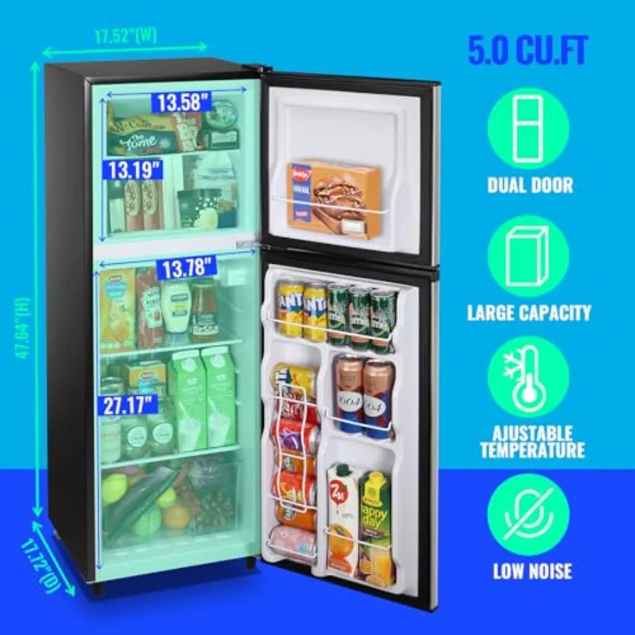 5.0 Cu.ft Mini Fridge Small Refrigerator with Drink Holder Double Door Refrigerator Adjustable Glass Shelves for Home Apartment
