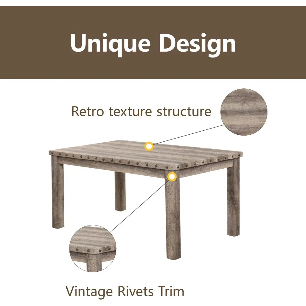 Rustic 6-Seater Dining Set | 60" Rectangular Wood Table & 6 Upholstered Chairs with Nailhead Trim