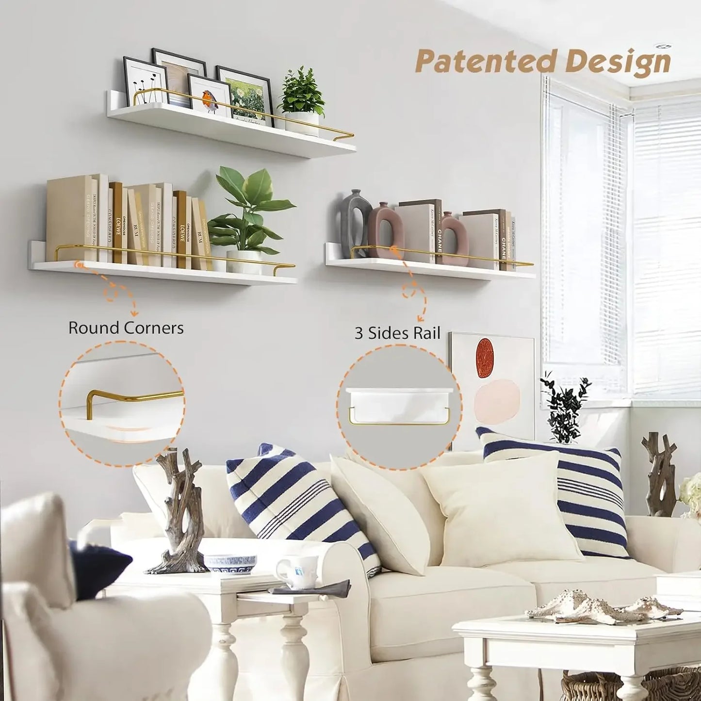 24Inch Gold Floating Shelves Set of 3, Modern Bathroom Wall Shelves Over Toilet Storage with Mounting Rail