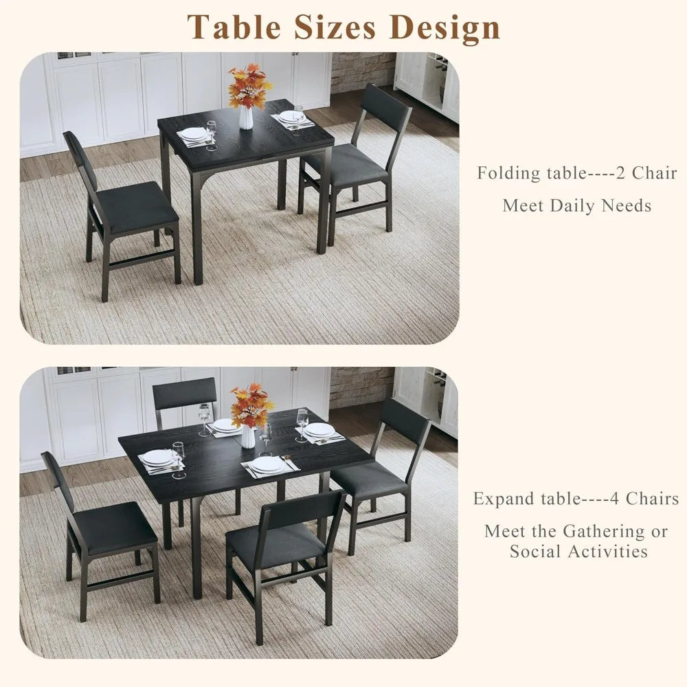 Dining Table Set for 4, Extendable Kitchen Table Cushion Chairs Set of 4, Rectangle Dining Table with Metal Frame & MDF Board, F