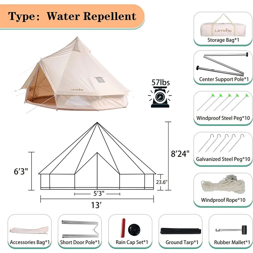 Canvas Bell Tent Yurt with Stove Jack, 4 Season Waterproof Camping Tent 4/6 Person Luxury Outdoor Glamping Tent for Camping