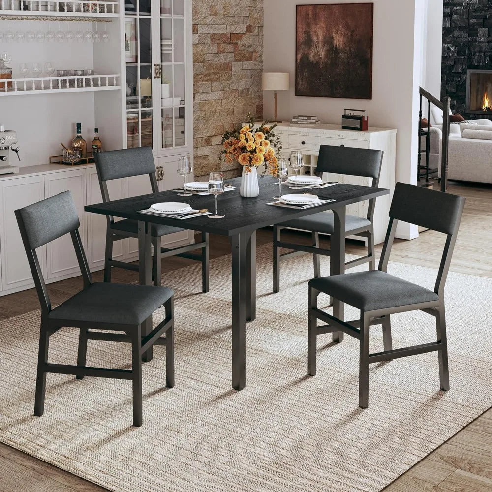 Dining Table Set for 4, Extendable Kitchen Table Cushion Chairs Set of 4, Rectangle Dining Table with Metal Frame & MDF Board, F